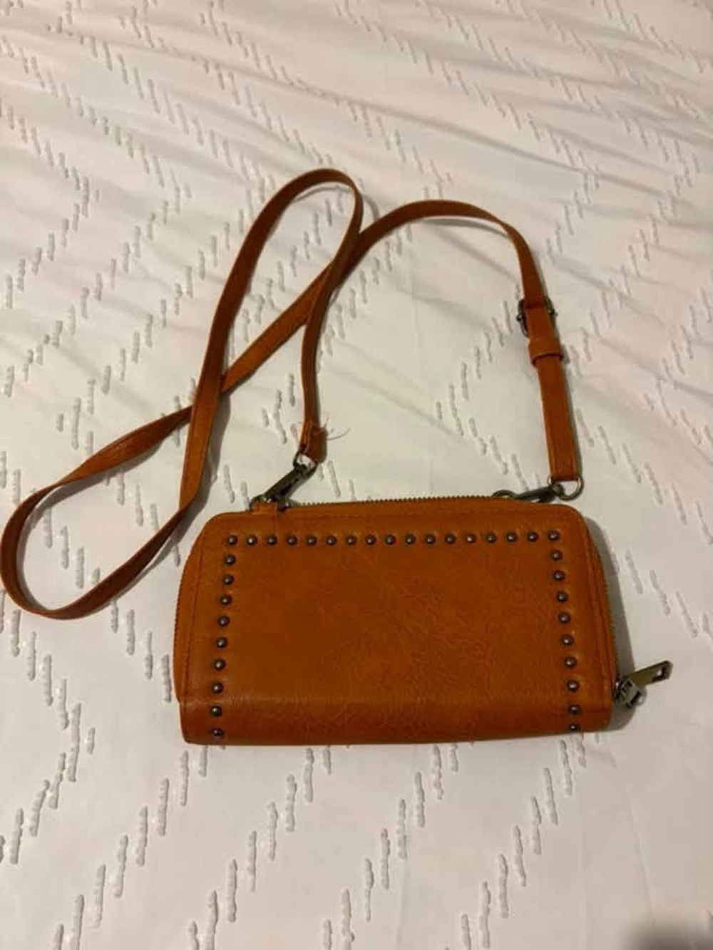 Womens Tan Leather Crossbody Bag with Stud Detail